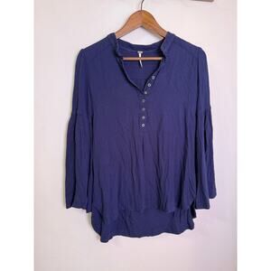Free People Easy Girl Bell Sleeve Henley Top Navy Blue Women’s Small Boho Tunic